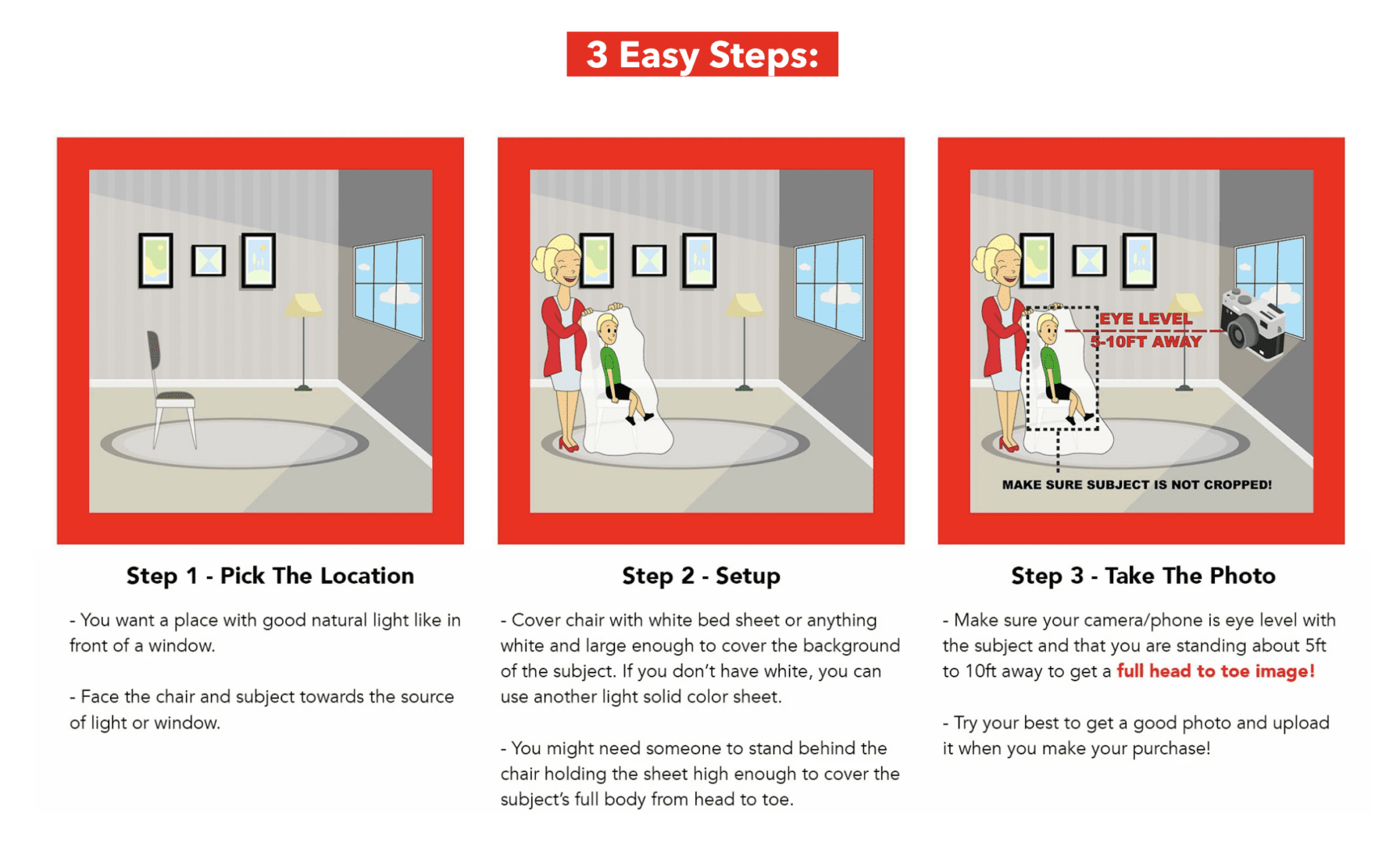 Photo setup guide in three illustrated steps.